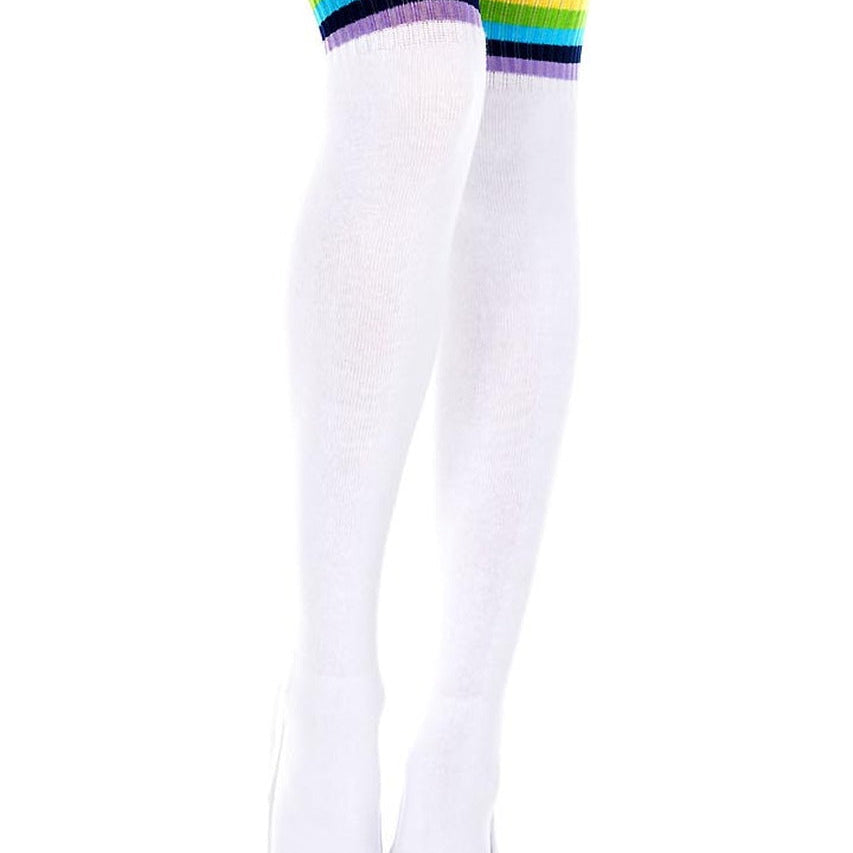 White Thigh High Socks - Rainbow