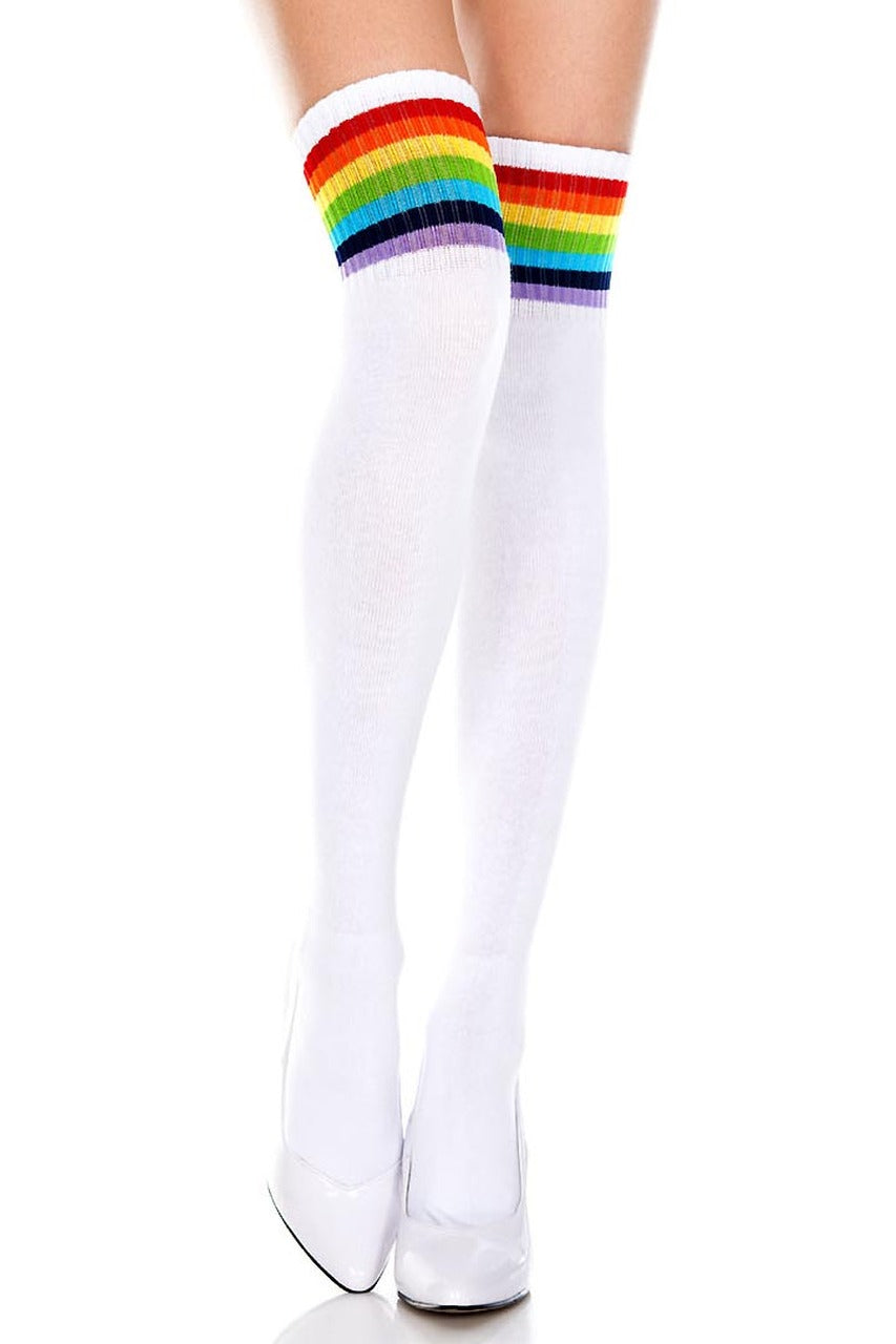White Thigh High Socks - Rainbow