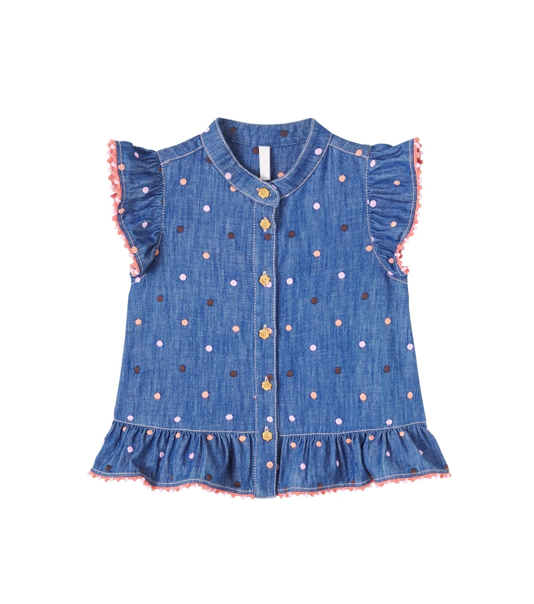 Zimmermann Kids - Embroidered polka-dot ruffled denim top
