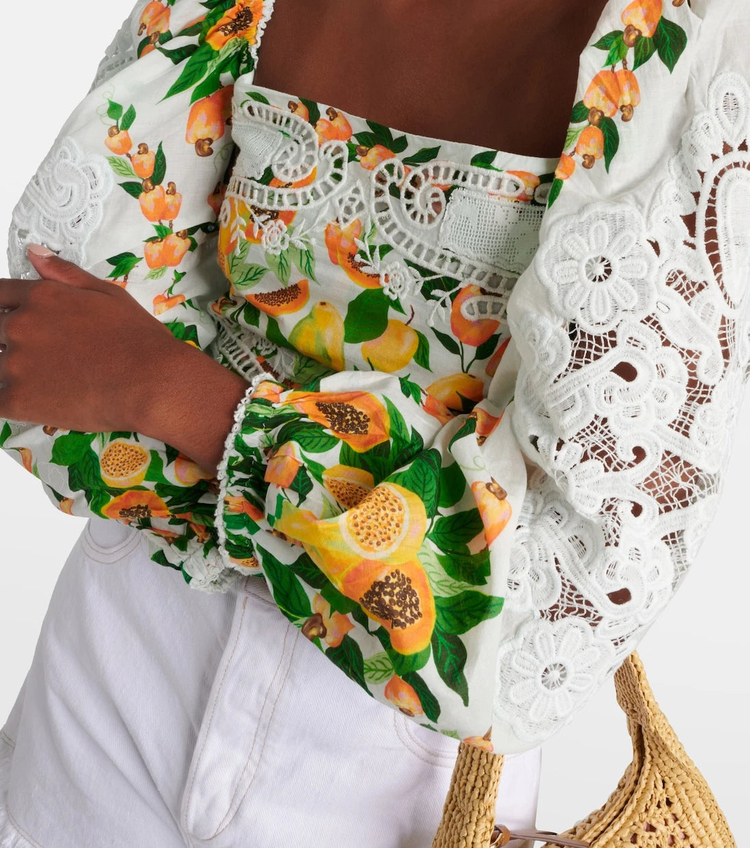 Farm Rio - Lace-trimmed printed cotton blouse