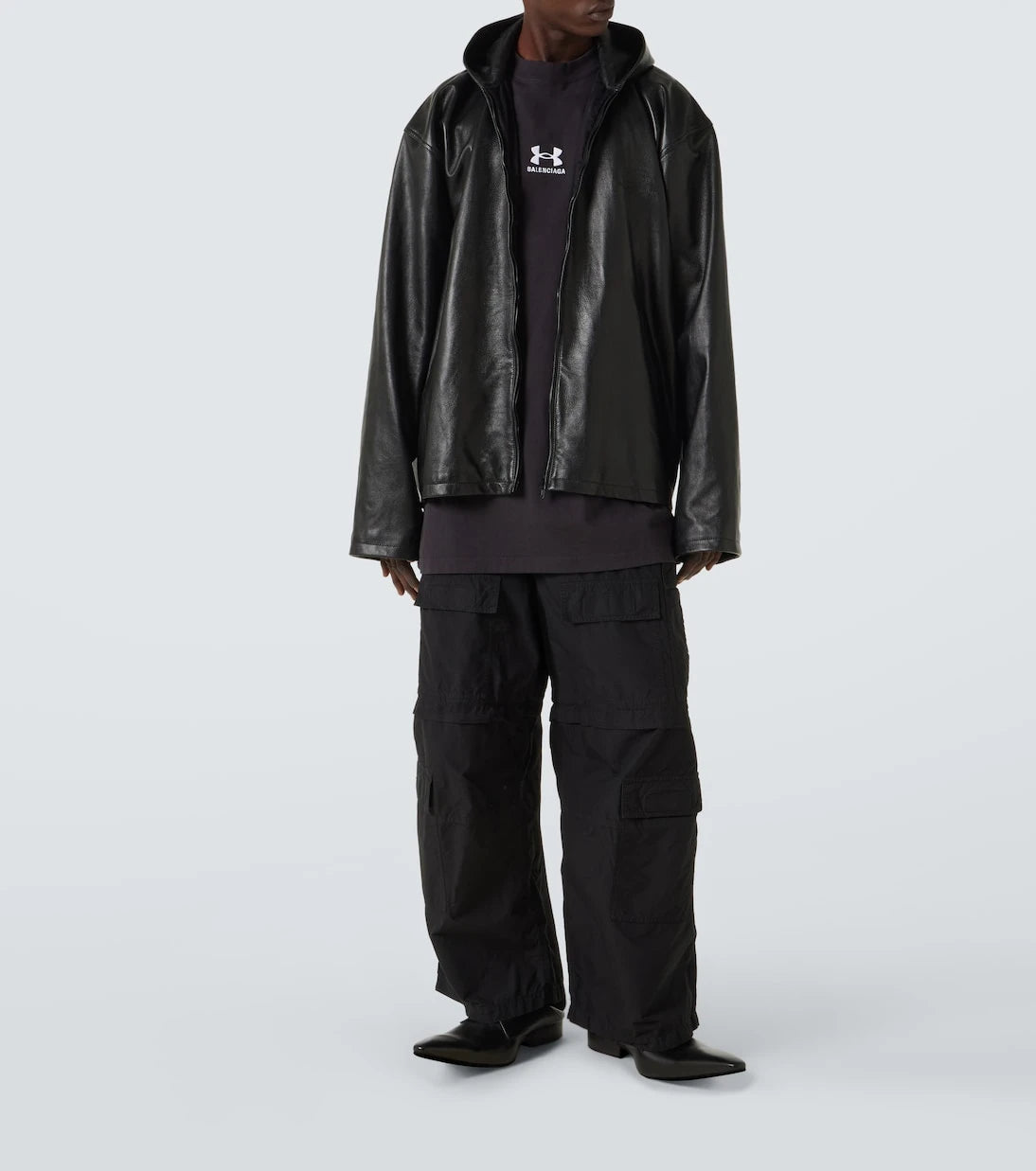 Balenciaga - بلوزون جلد بغطاء للرأس