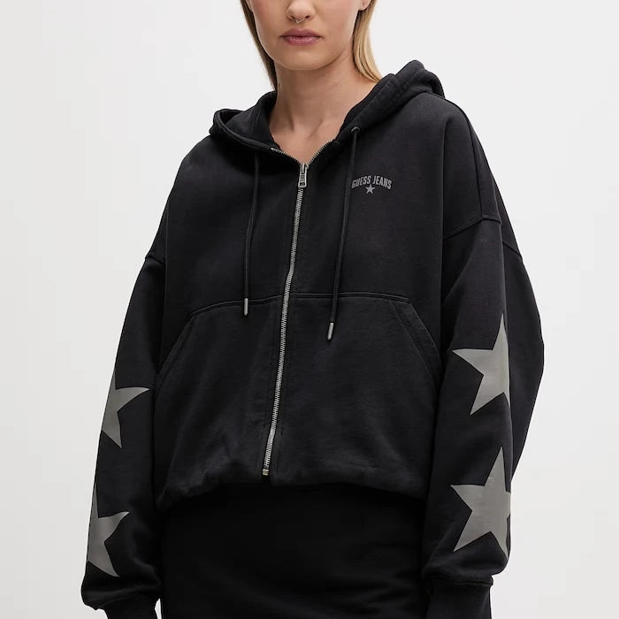 Guess Jeans fermuarlı ve kapüşonlu kadın pamuklu sweatshirt