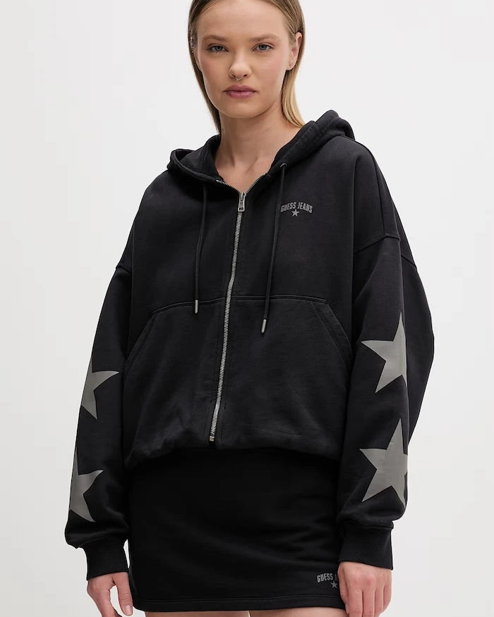 Guess Jeans fermuarlı ve kapüşonlu kadın pamuklu sweatshirt