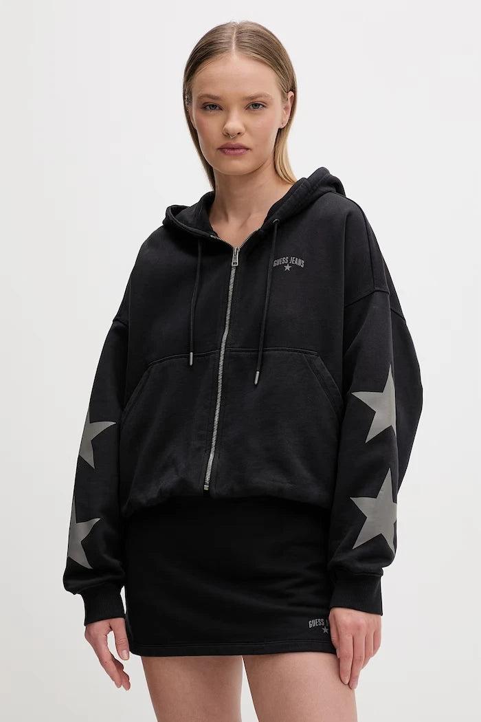 Guess Jeans fermuarlı ve kapüşonlu kadın pamuklu sweatshirt