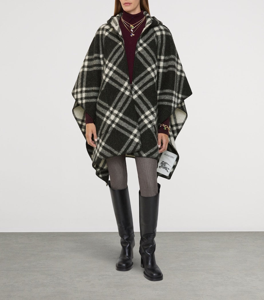 Wool Reversible Check Cape BLACK