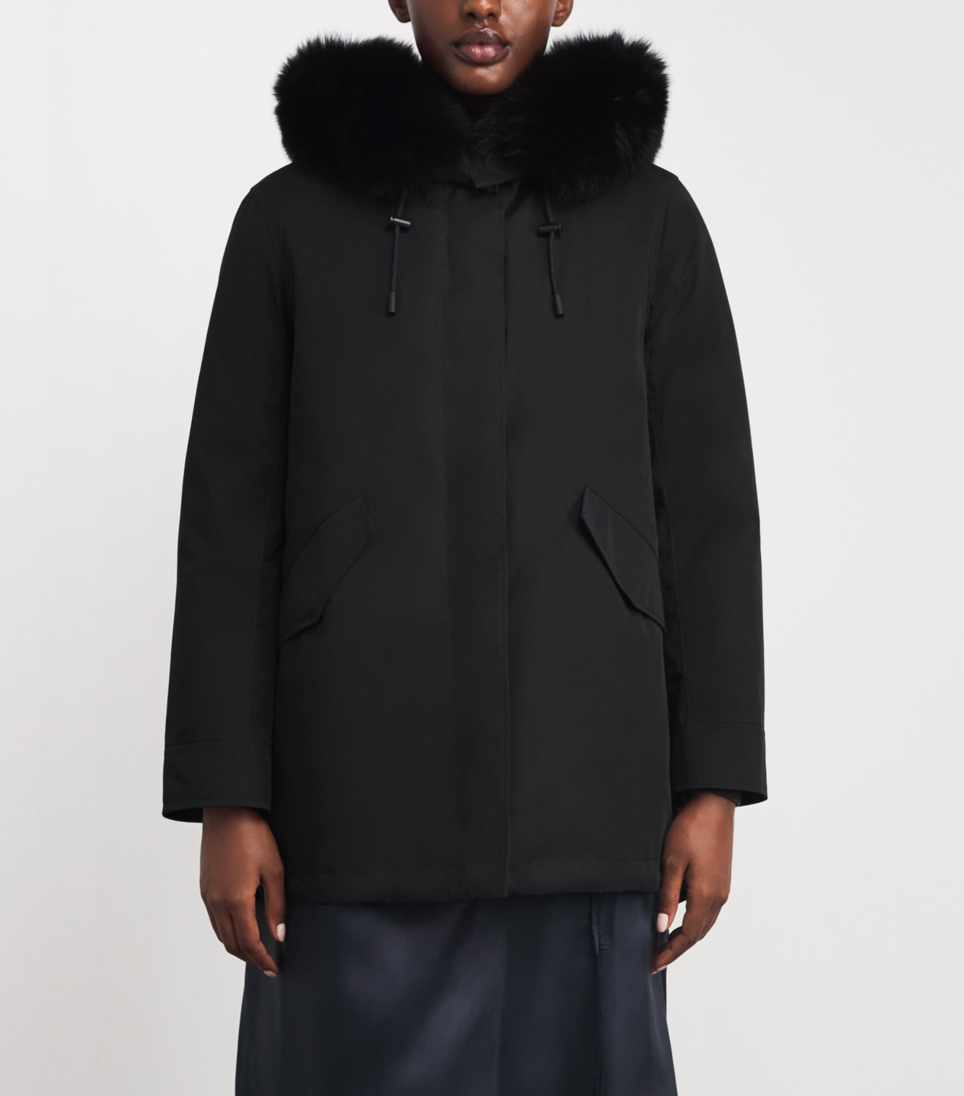 Yves Salomon Black Fox-Rabbit Blended-Cotton Parka (72cm)