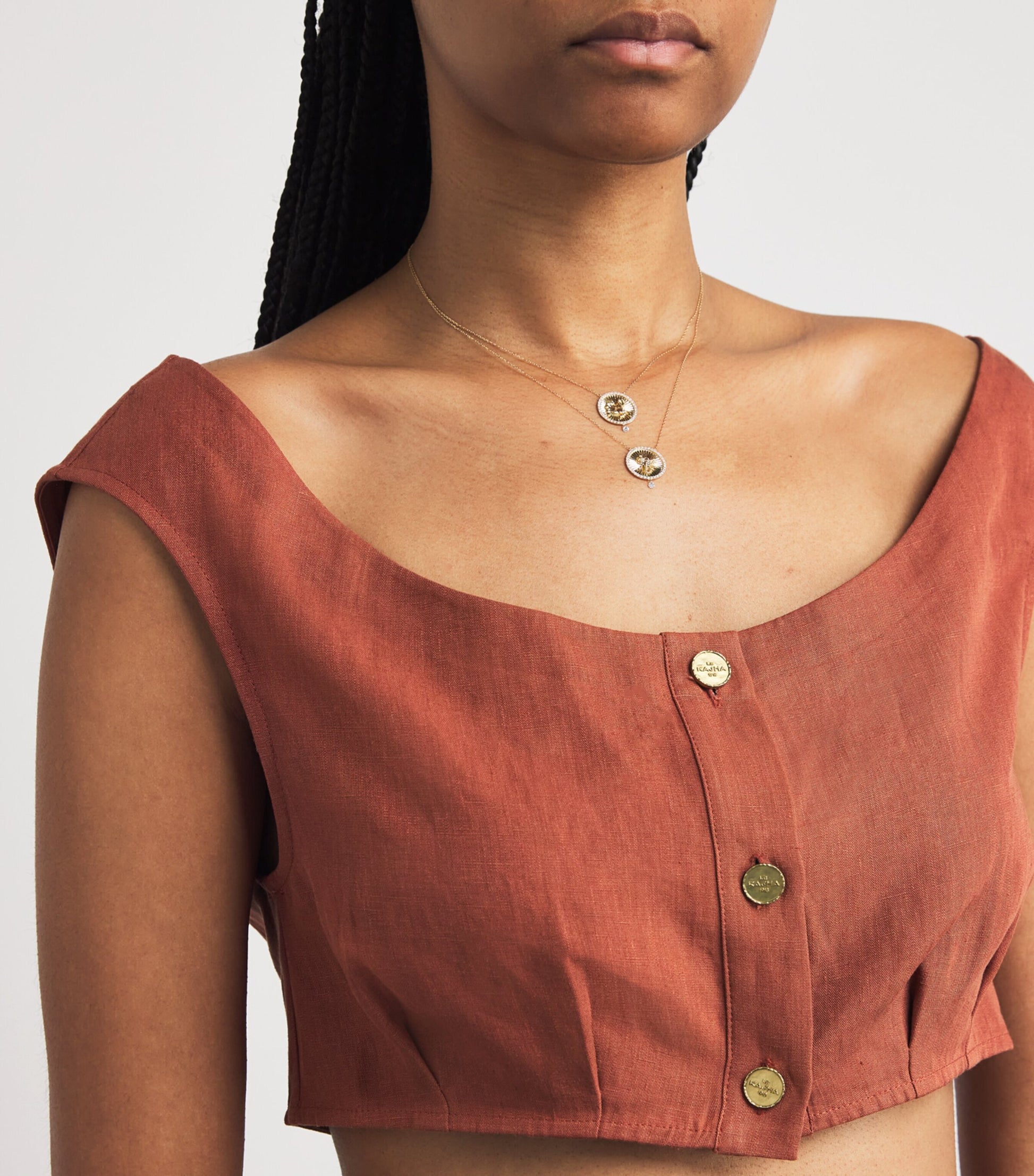 Le Kasha Red Linen Coin-Detail Tamra Crop Top