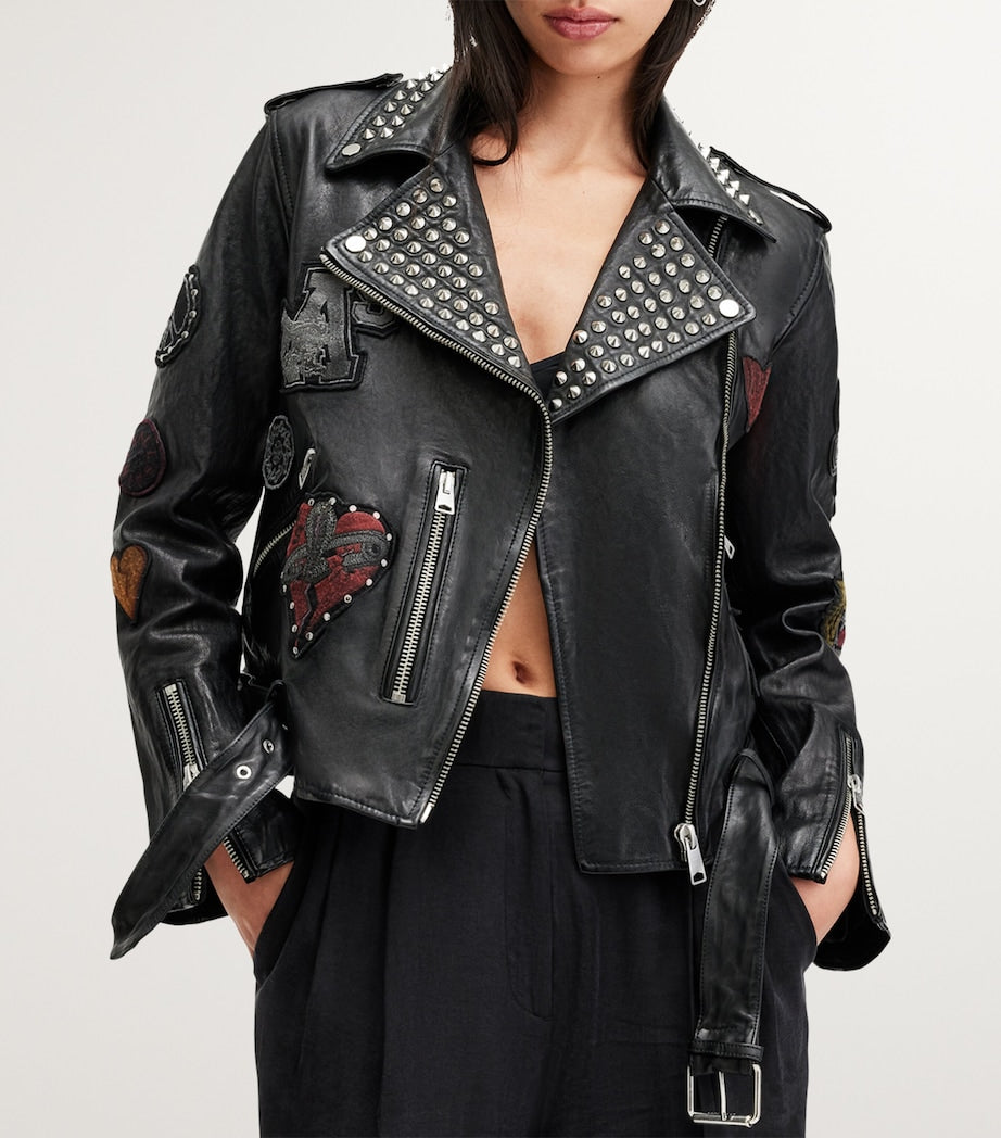 Black Leather College Biker Jacket