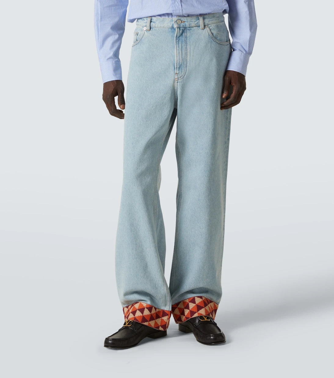 Valentino - Jacquard-trimmed wide-leg jeans