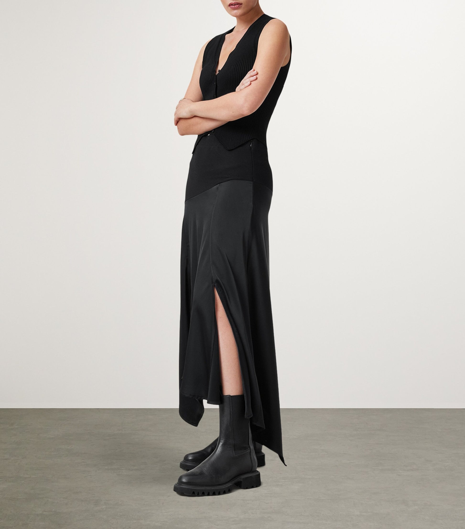 Black Satin Pia Midi Skirt