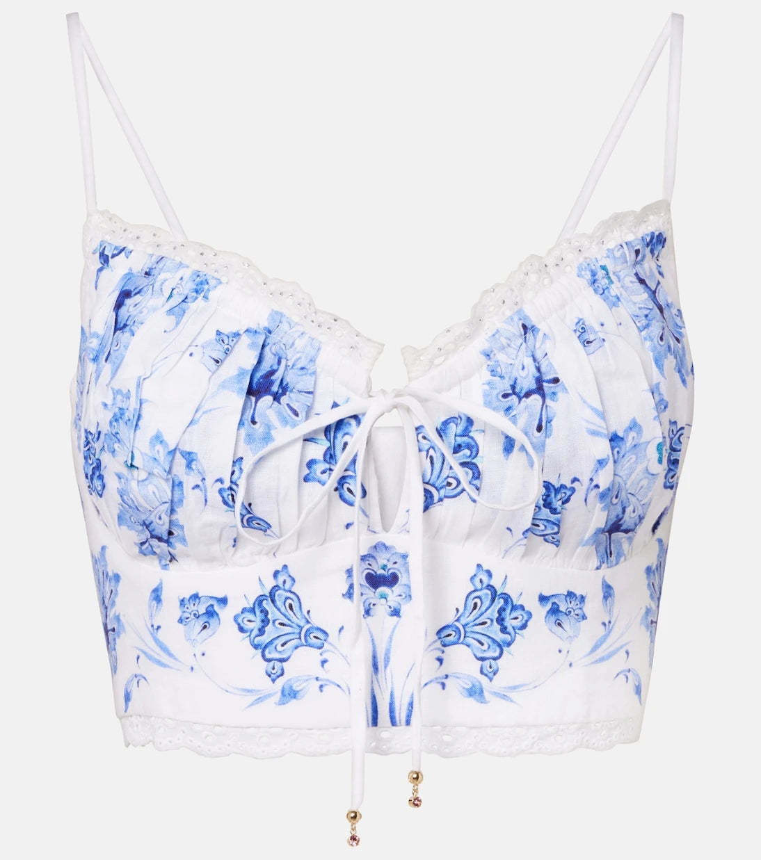 Camilla - Printed lace-trimmed linen bra top