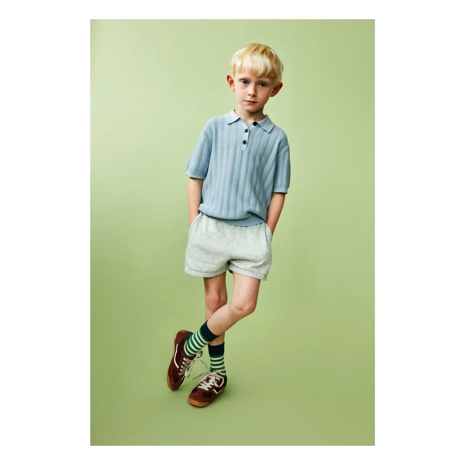 FUB - Organic Cotton Fine Knit Structure Polo Shirt | Pale blue