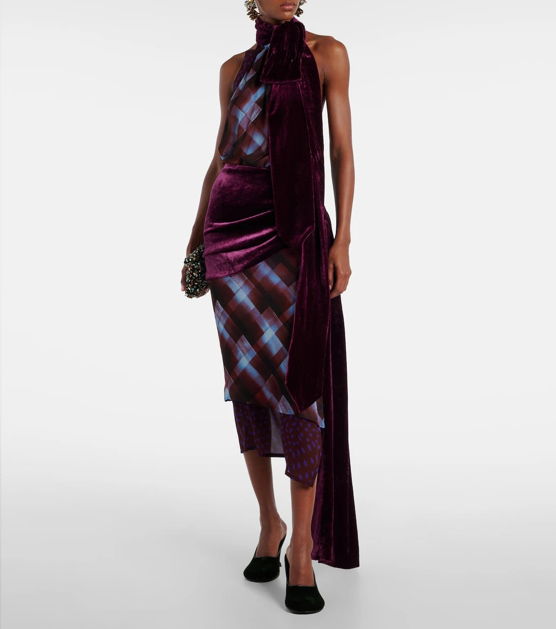 Dries Van Noten - توب بياقة هالتر وتفاصيل وشاح كاروهات