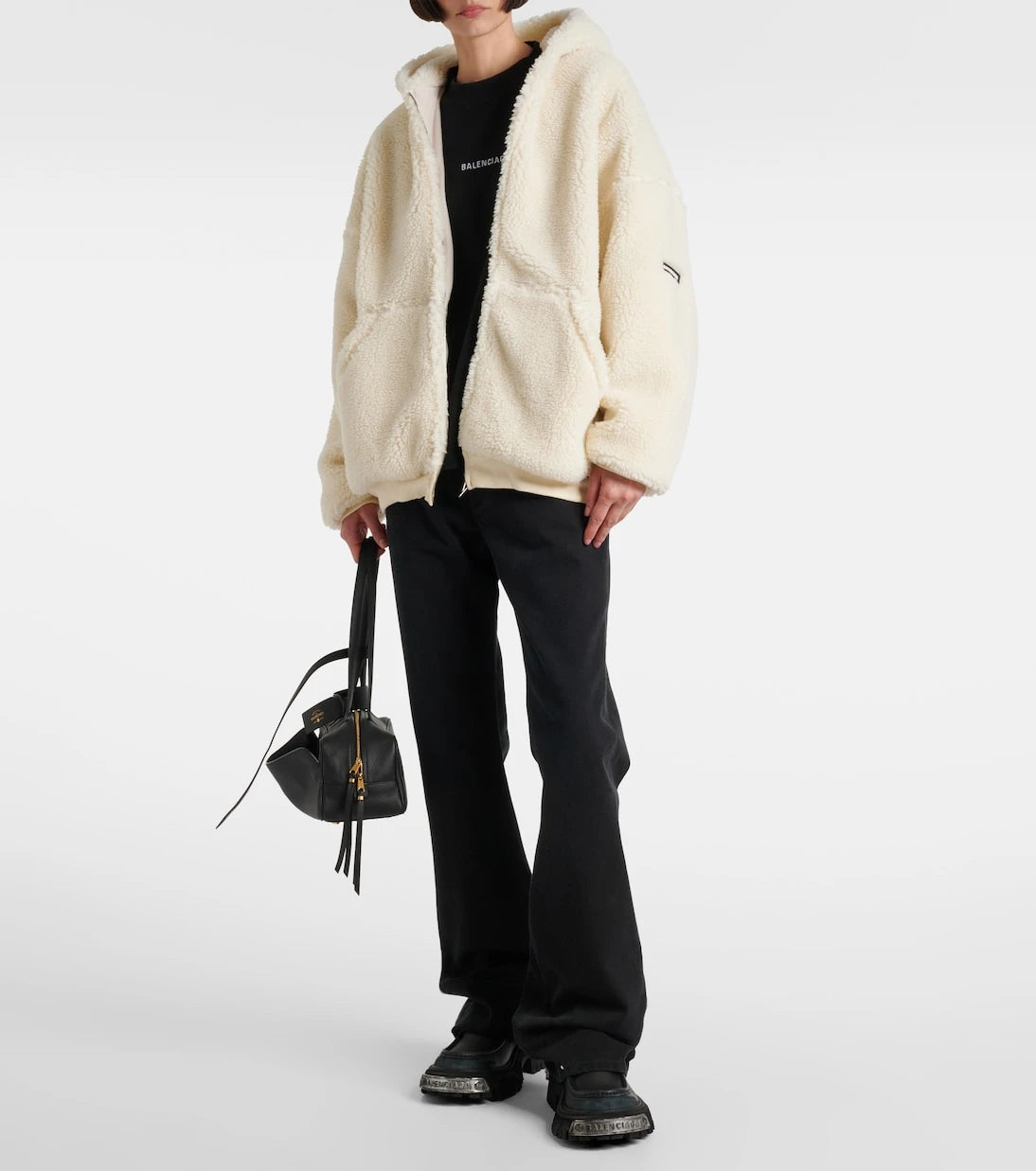 Balenciaga - سترة بغطاء رأس من الفرو الصناعي المحاكي لجلد الغنم