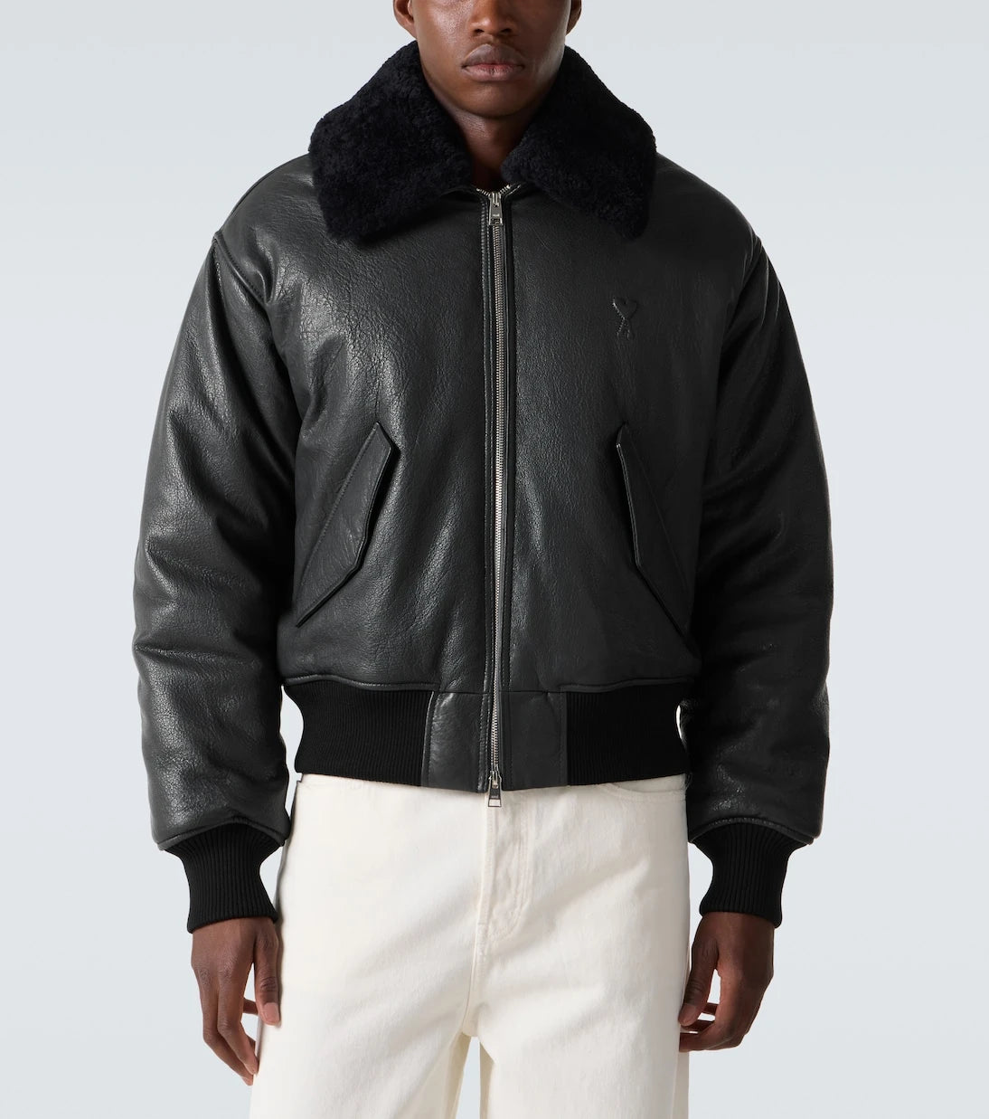 Ami Paris - Shearling-trimmed leather bomber jacket
