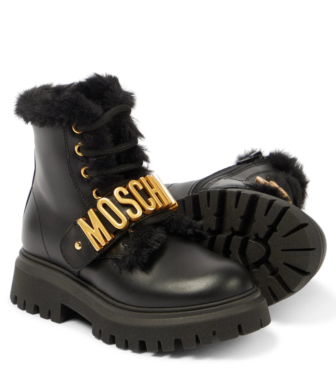 Moschino Kids - جزمة جلدية بشعار العلامة