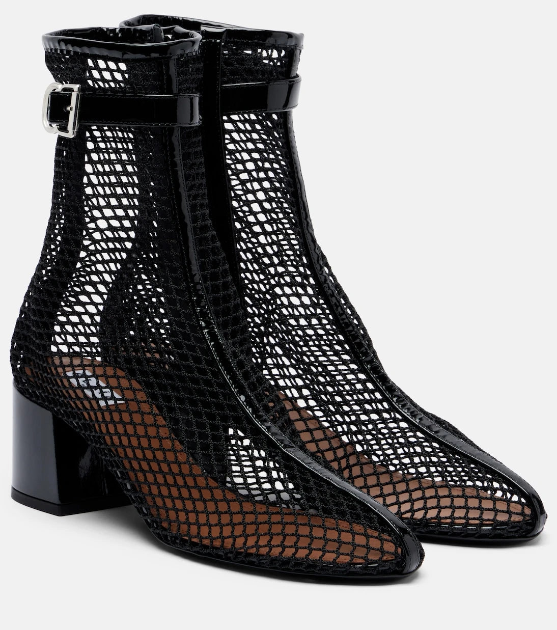 Alaïa - Fishnet patent leather-trimmed ankle boots
