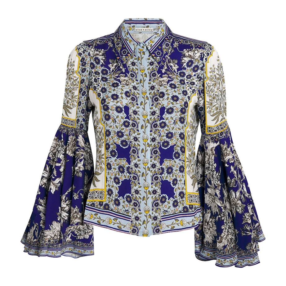 Alice+Olivia Blue Willa Bell-Sleeve Top