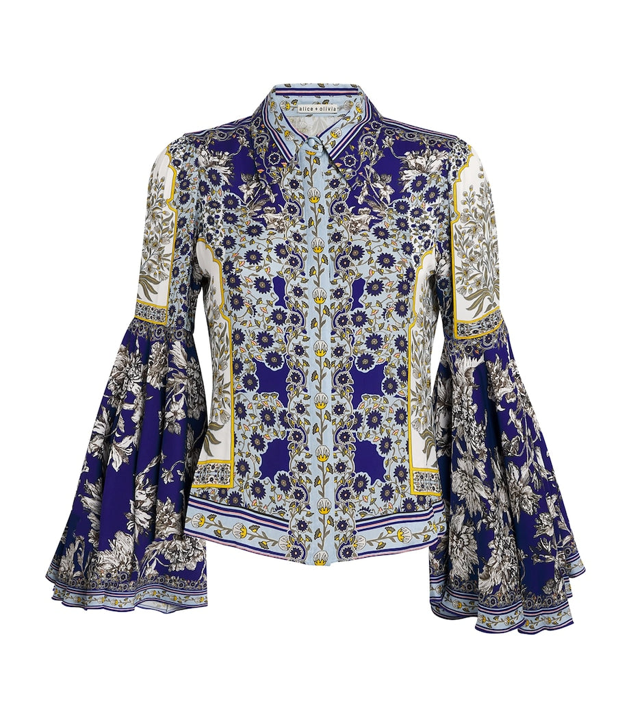 Alice+Olivia Blue Willa Bell-Sleeve Top