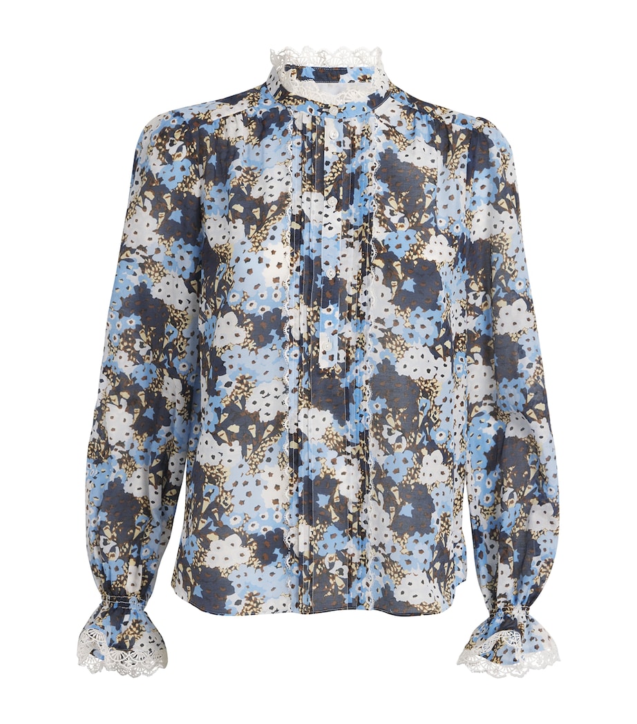 Blue Cotton-Silk Meadow Print Blouse