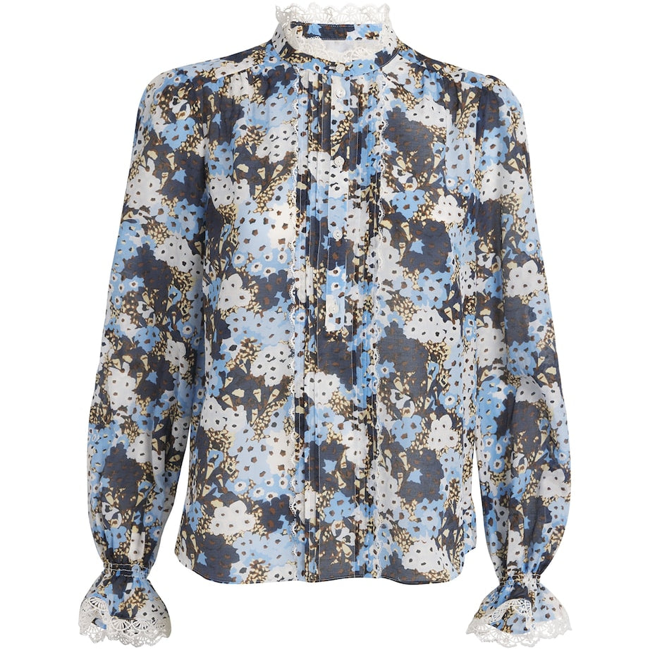 Blue Cotton-Silk Meadow Print Blouse