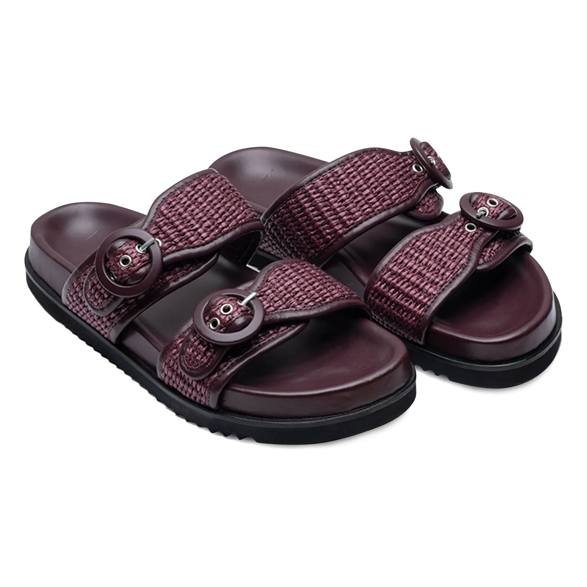 Lachoix - Double Buckle Leather and Raphia Sandals | Lie de vin