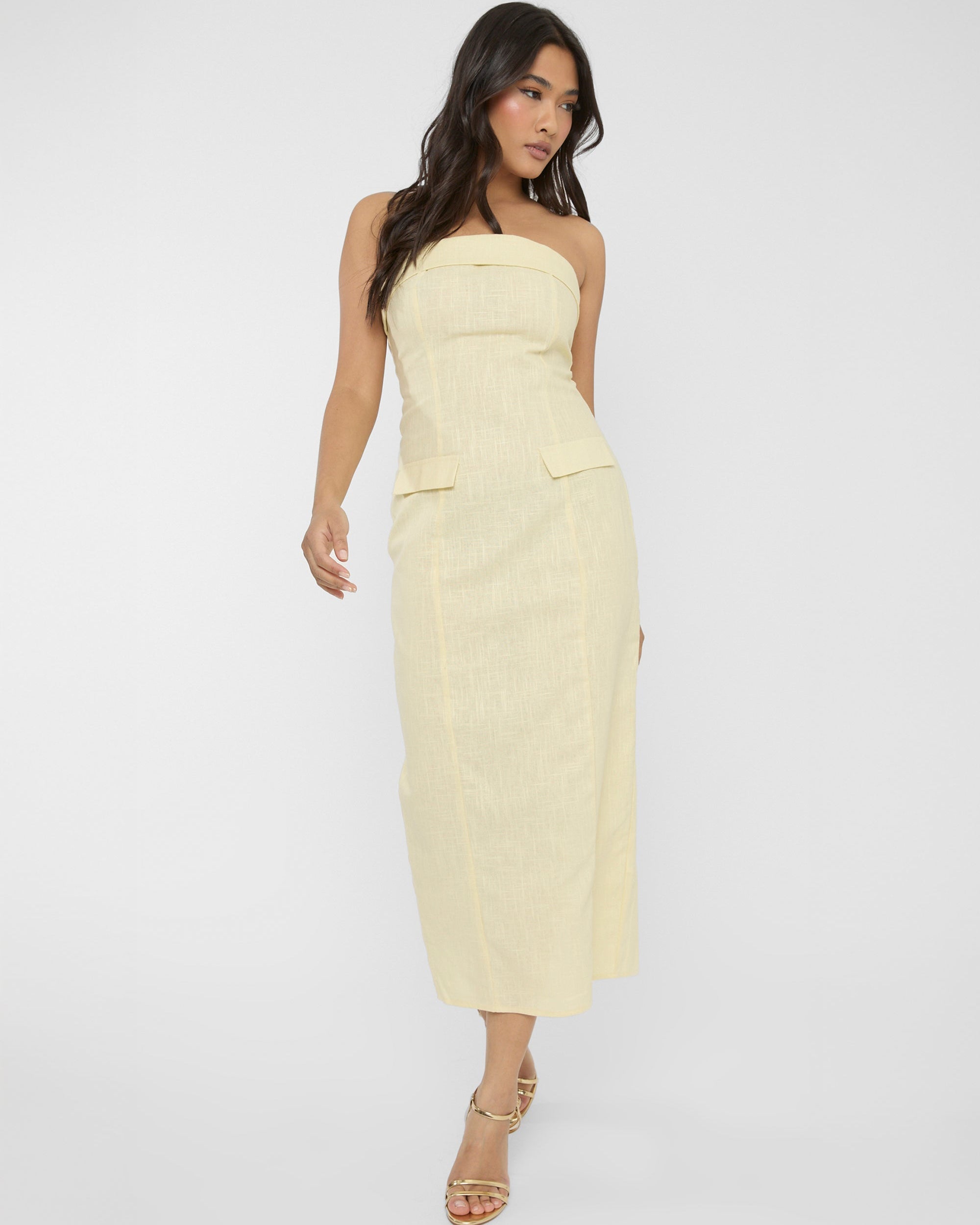 Linen Look Tailored Fold Over Bandeau Pocket Detail Midi Dress Yellow