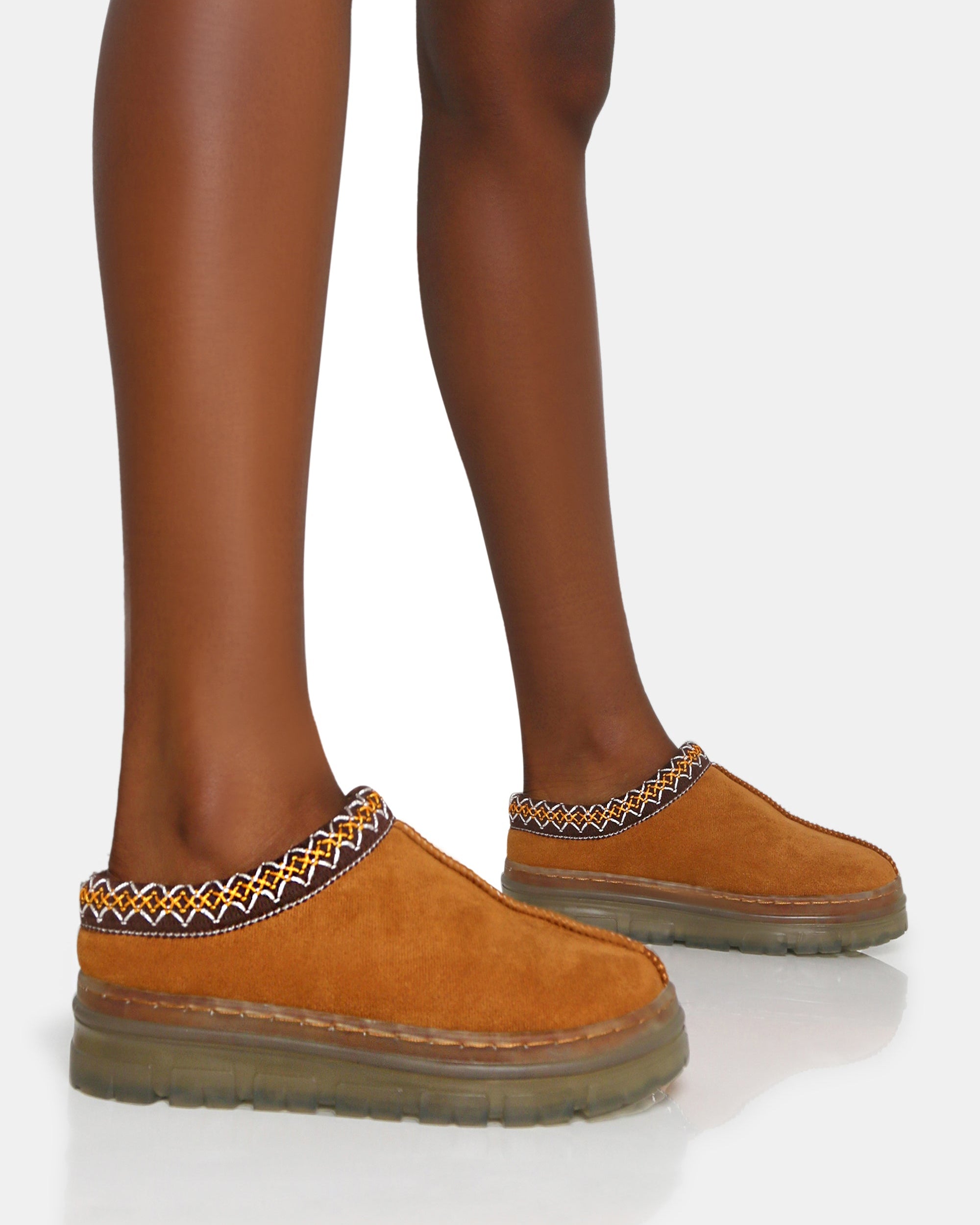 Nala Tan Faux Suede Embroidered Slipper Platform Boots