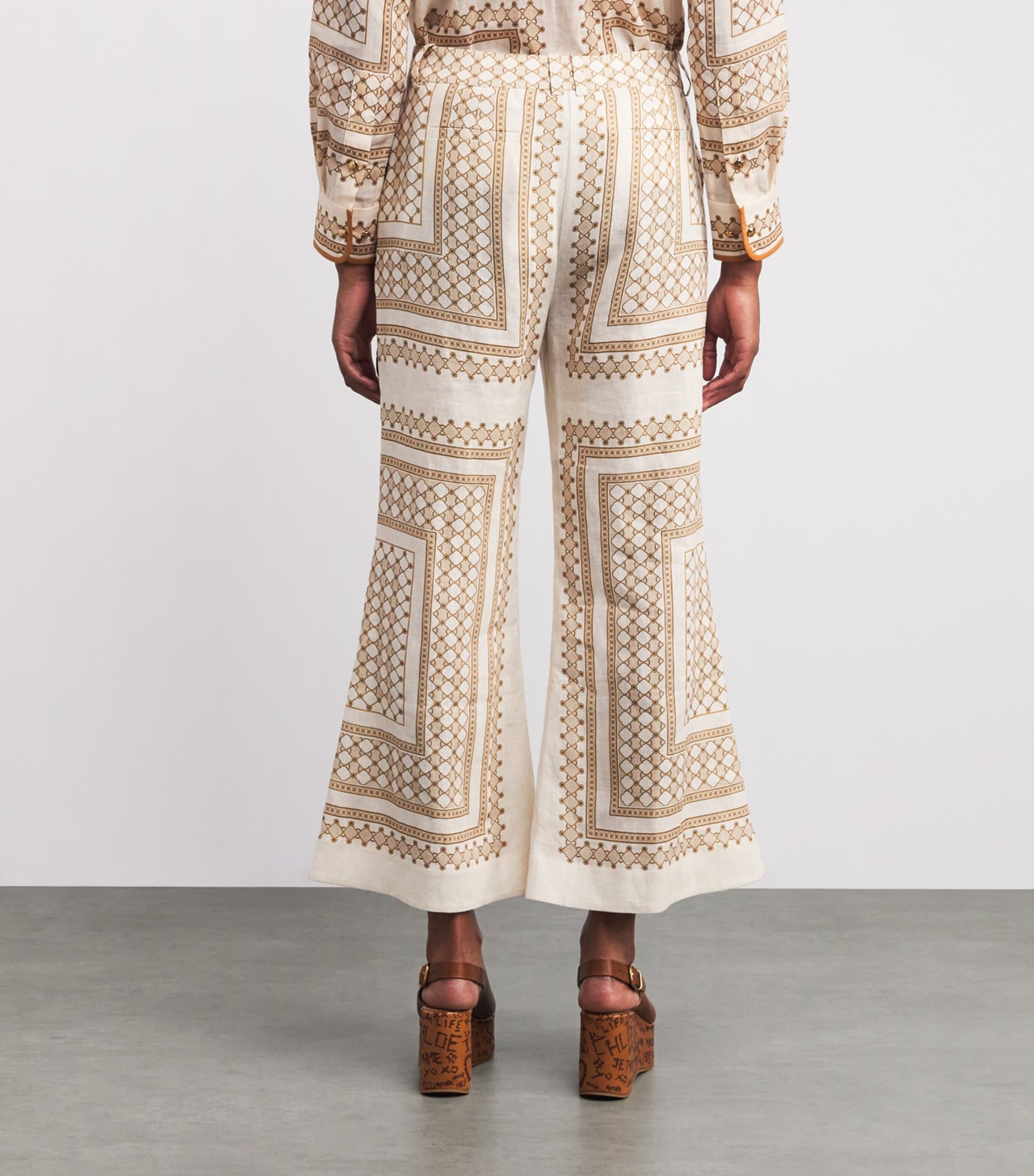 Zimmermann Nude Linen Geometric Crop Wide-Leg Trousers