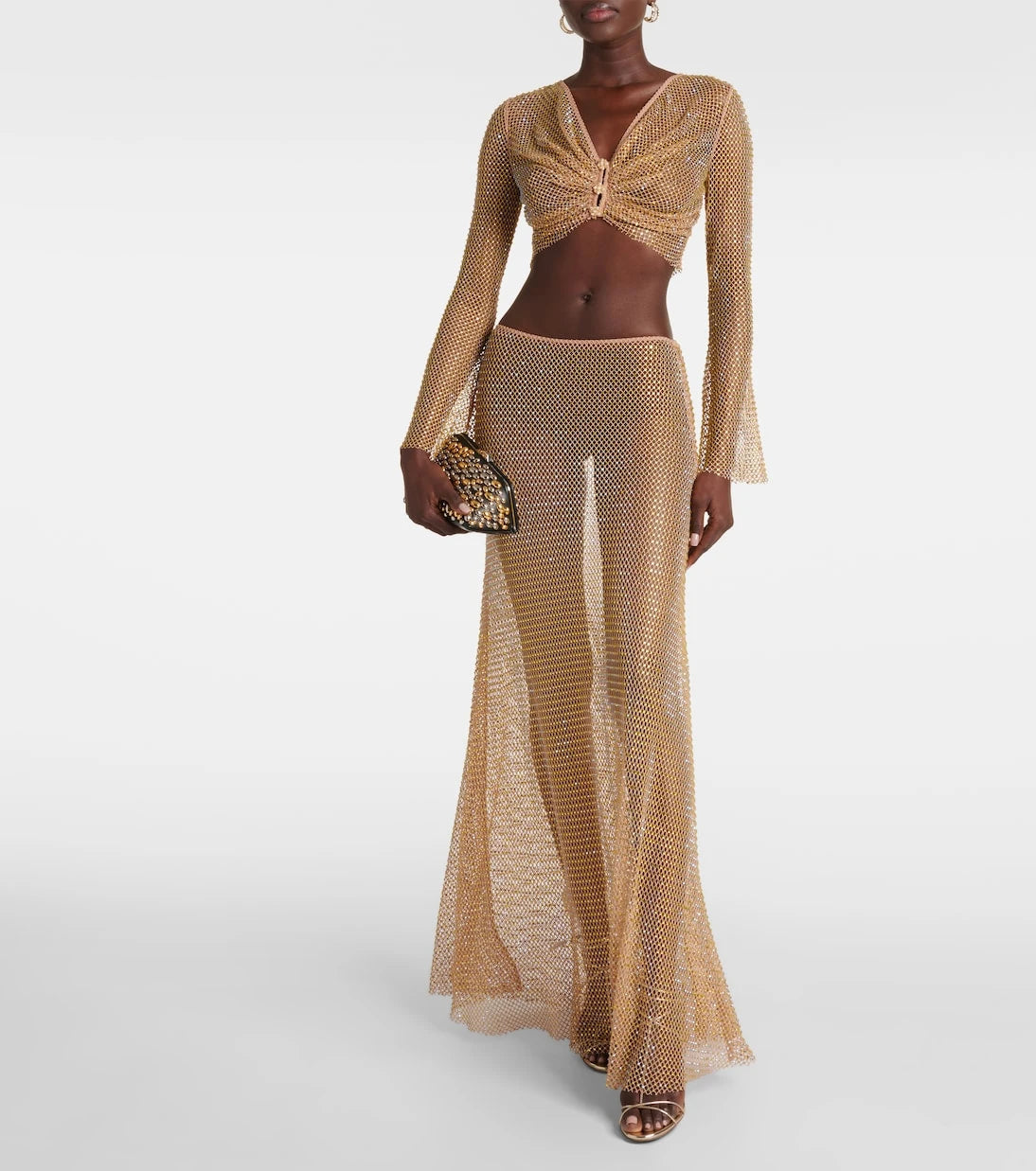 Self-Portrait - Crystal-embellished mesh maxi skirt