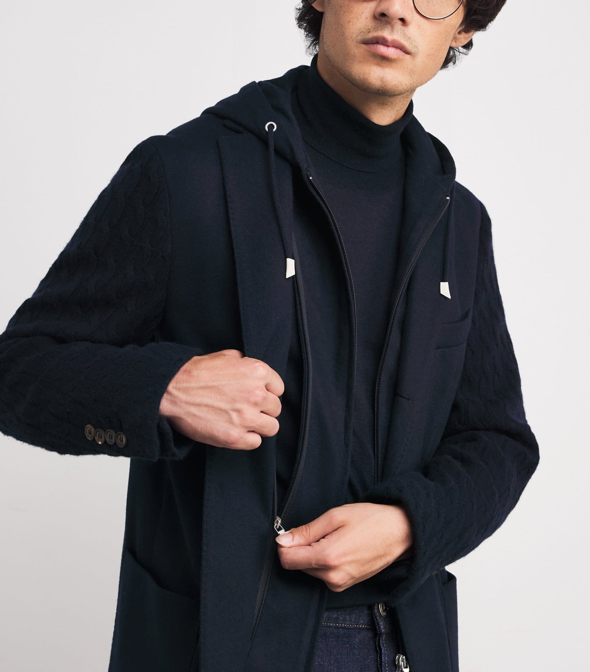 Eleventy Blue Knitted-Sleeve Layered Blazer