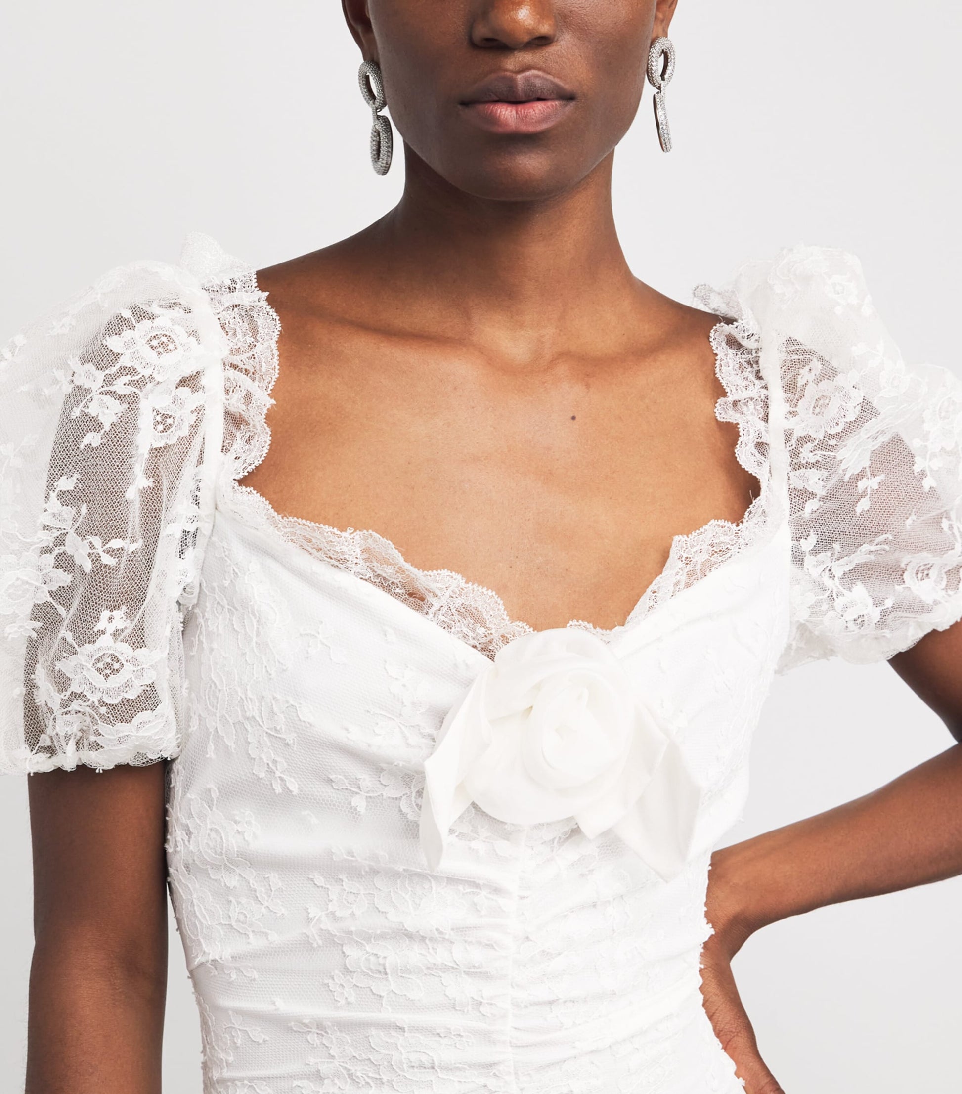 White Lace Rose-Detail Maxi Dress