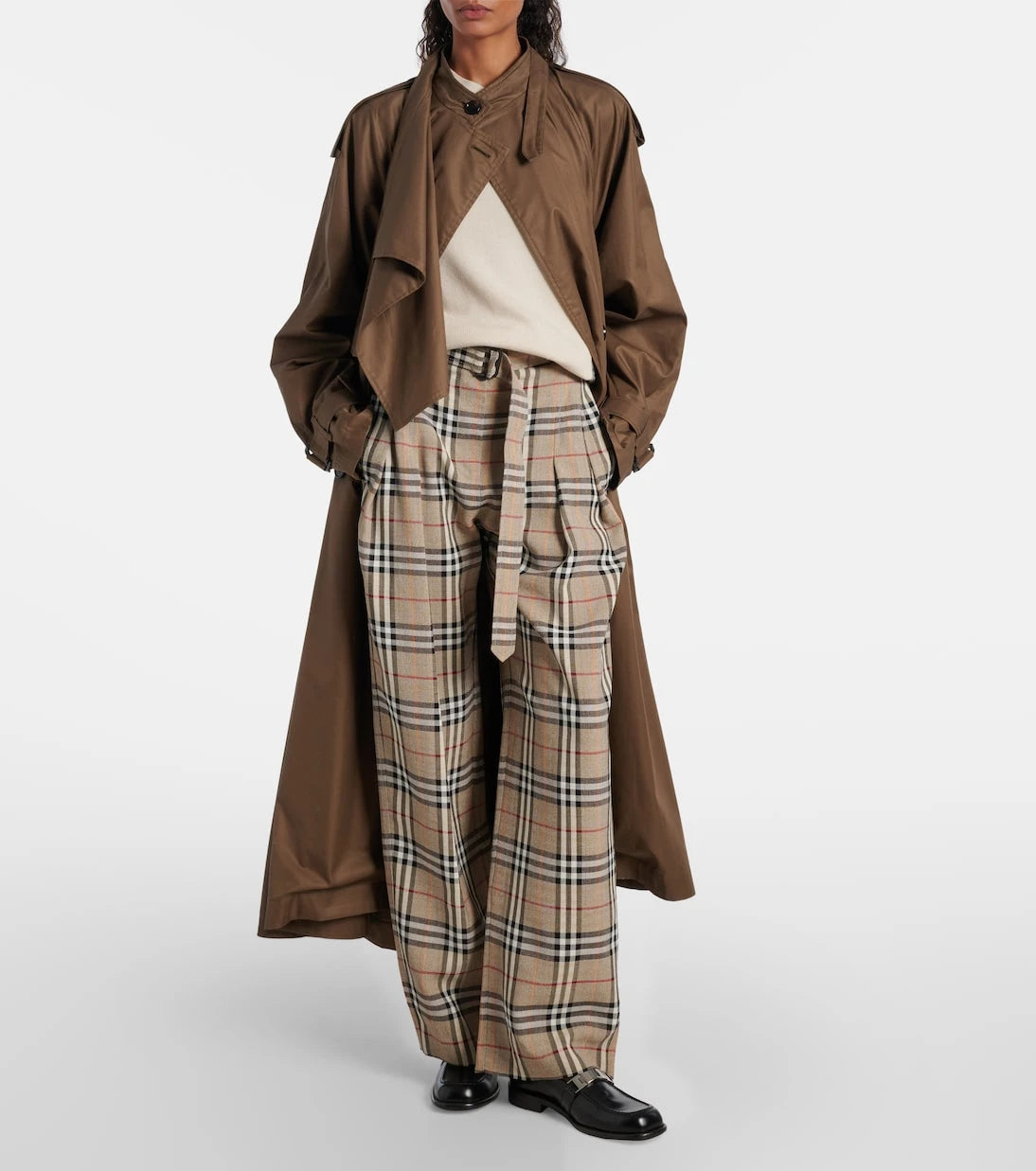 Burberry - بنطال بربري بقصة أرجل واسعة مزين بمربعات وشريط للخصر