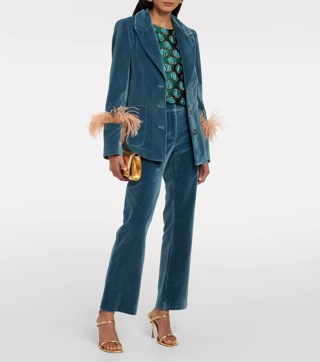 La DoubleJ - Feather-trimmed cotton velvet blazer