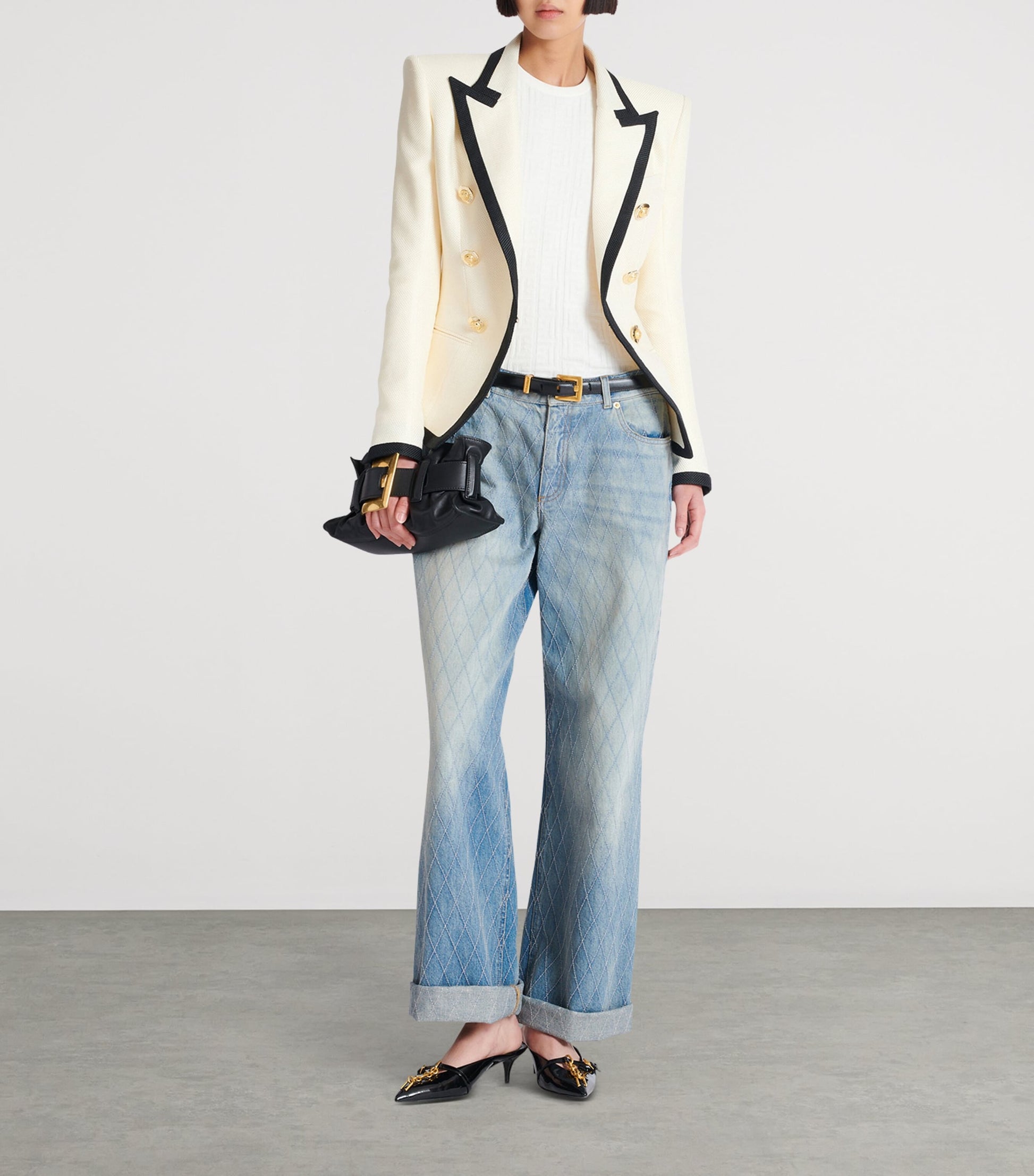 Balmain Beige Basket Weave Bordered Blazer