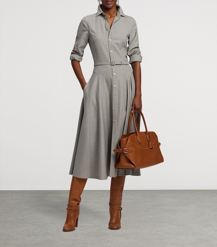 Ralph Lauren Collection Grey Wool Belted Safford Midi Dress