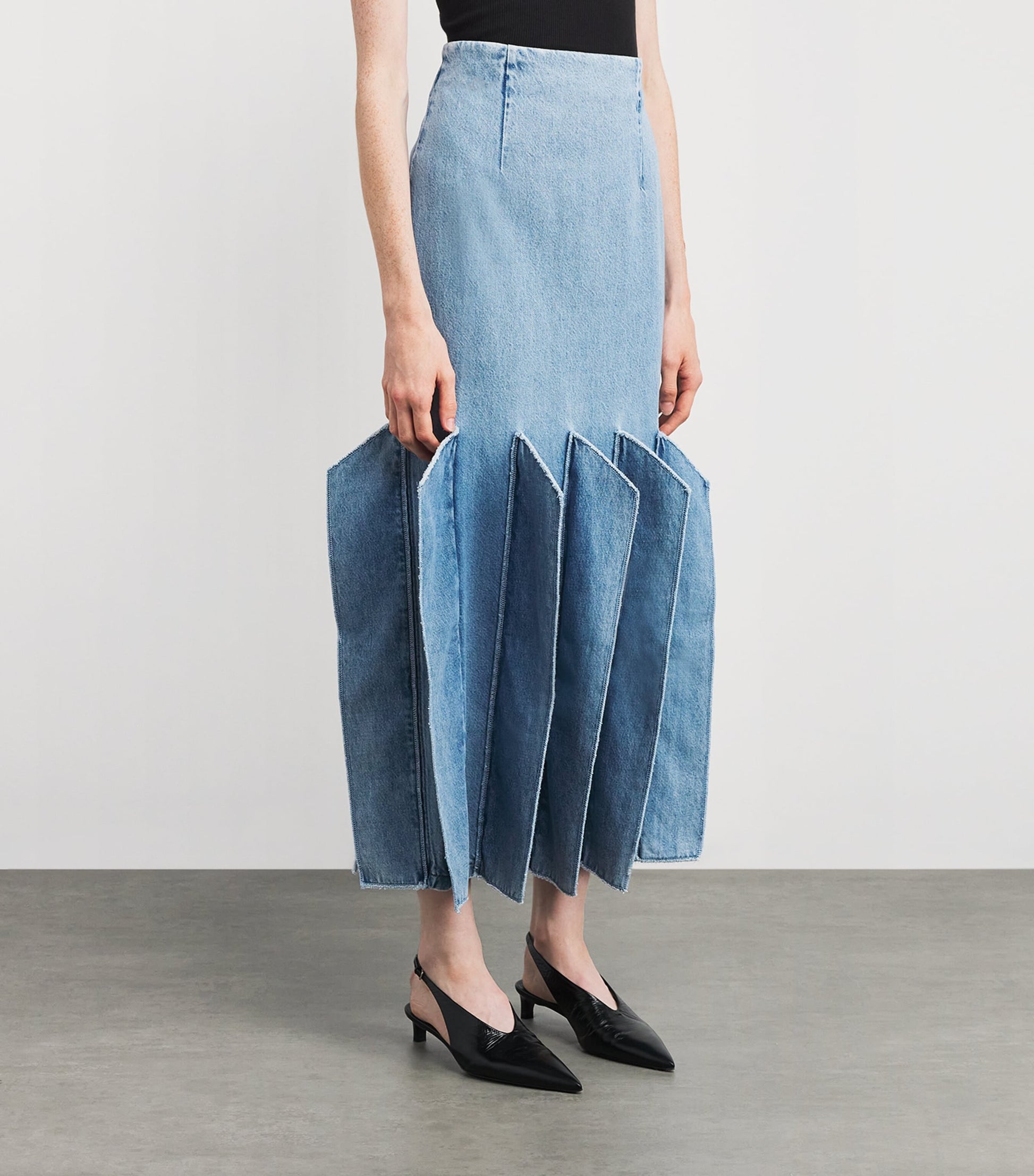 A.W.A.K.E. Mode Blue Denim Panelled Maxi Skirt