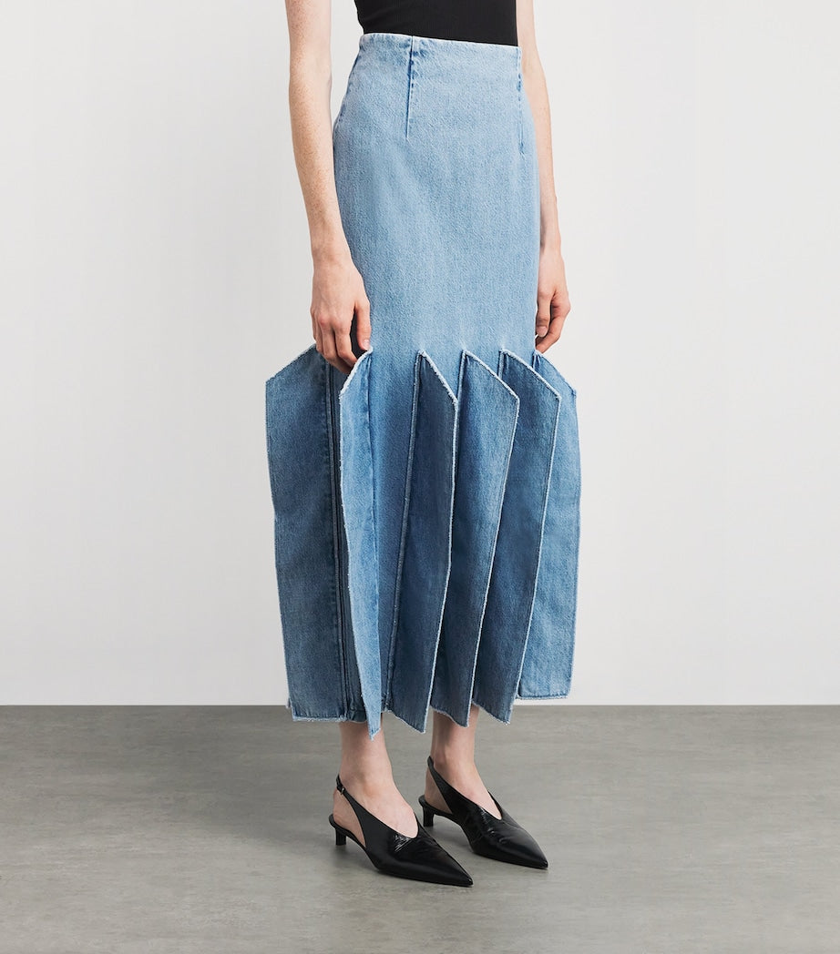 A.W.A.K.E. Mode Blue Denim Panelled Maxi Skirt