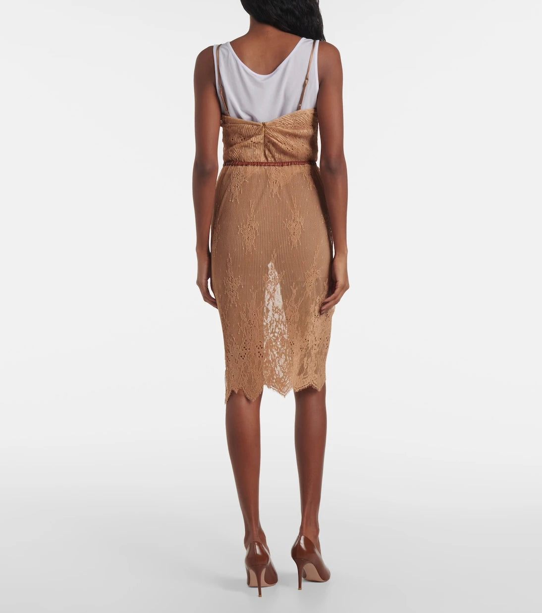 Jacques Wei - Layered leather-trimmed lace midi skirt