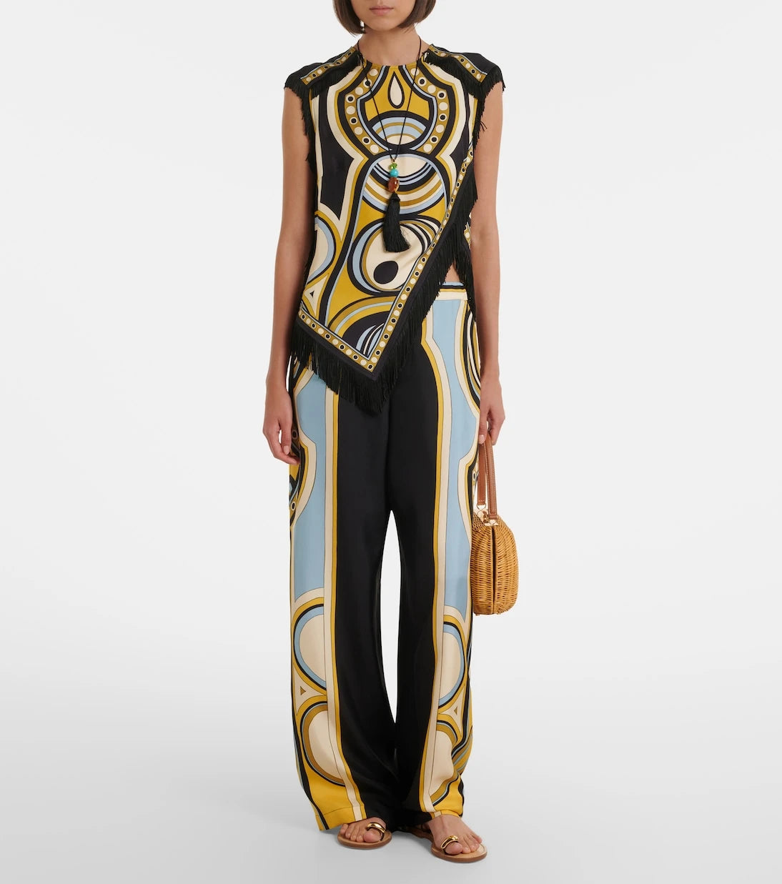 La DoubleJ - Scarf fringed printed silk voile top