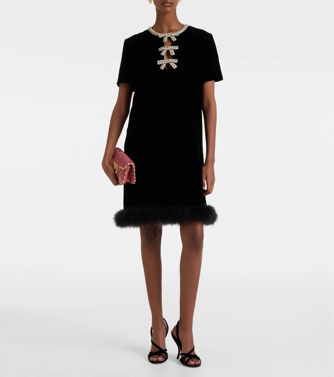 Valentino - Embellished feather-trimmed velvet minidress