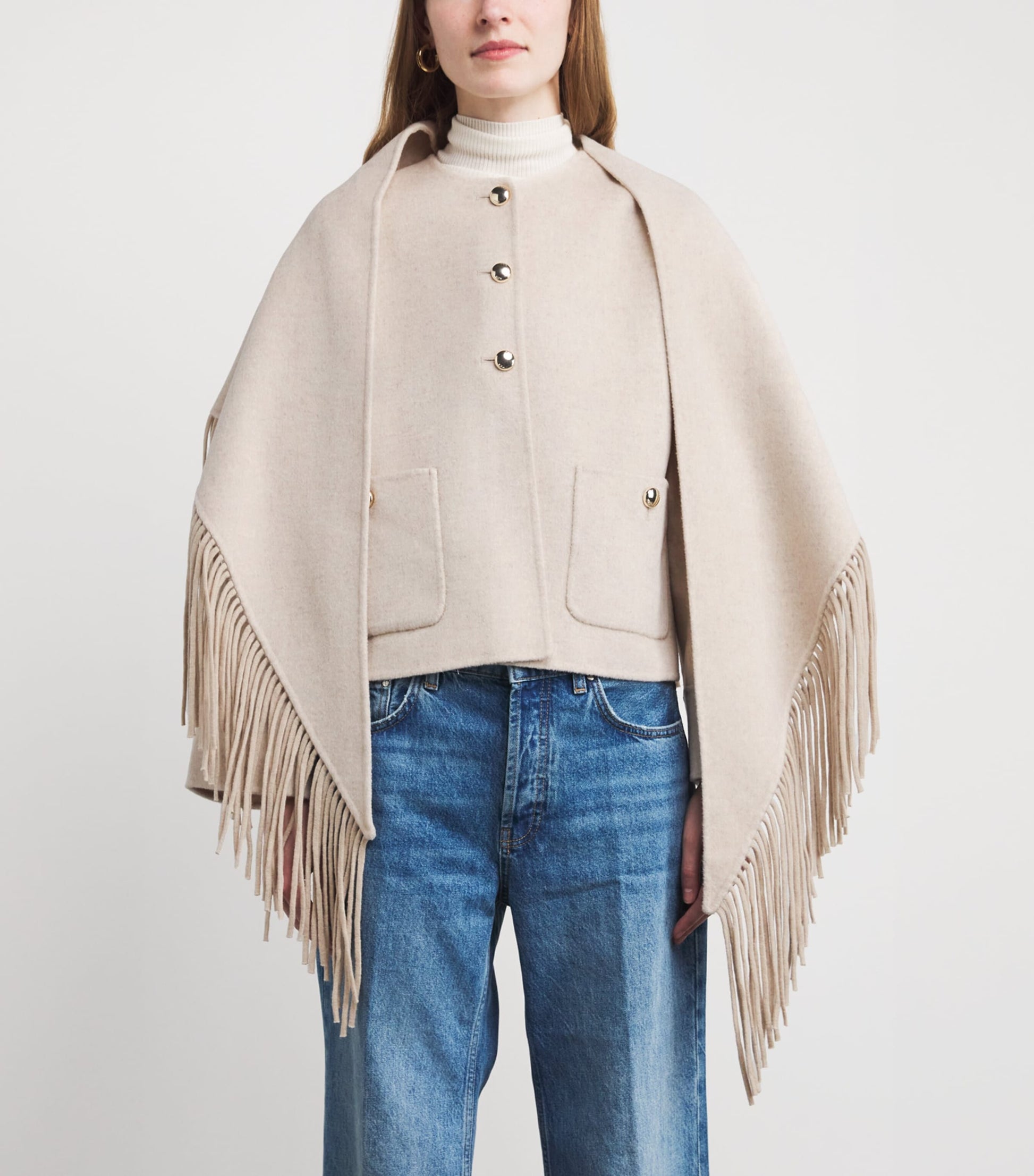 Maje White Wool-Blend Cape-Overlay Coat