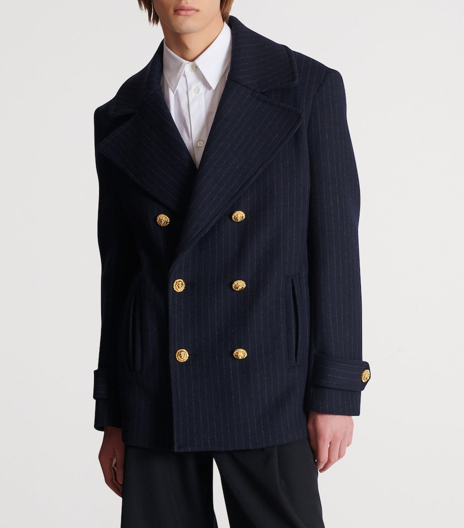 Balmain Merino Wool-Blend Stripe Pea Coat
