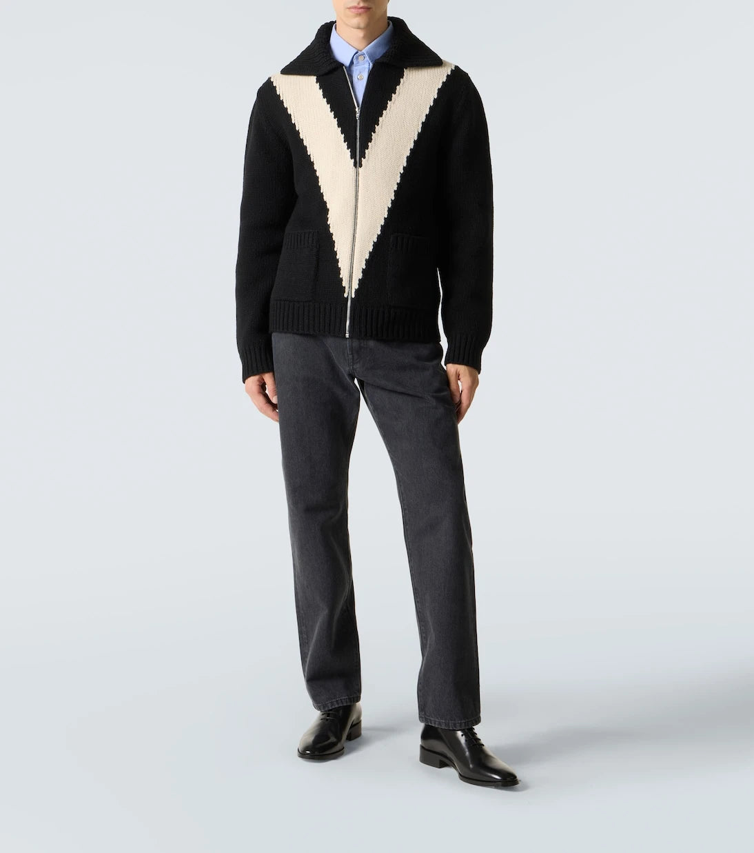 Valentino - Intarsia virgin wool zip-up cardigan