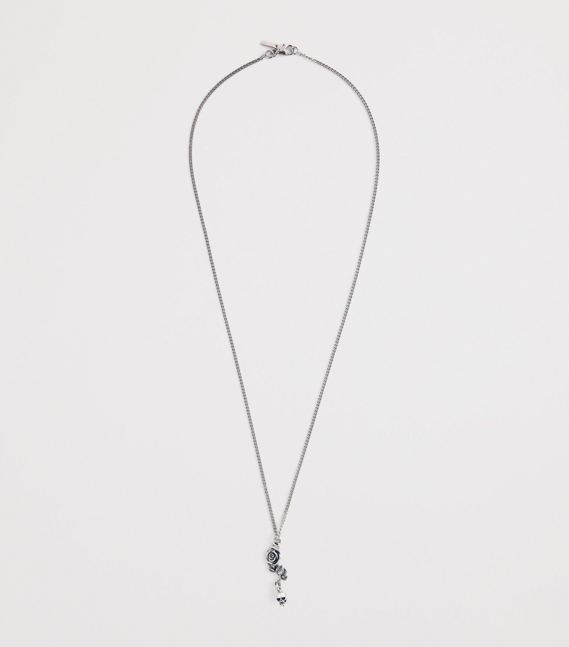 Sterling Silver Rose and Skull Pendant Necklace