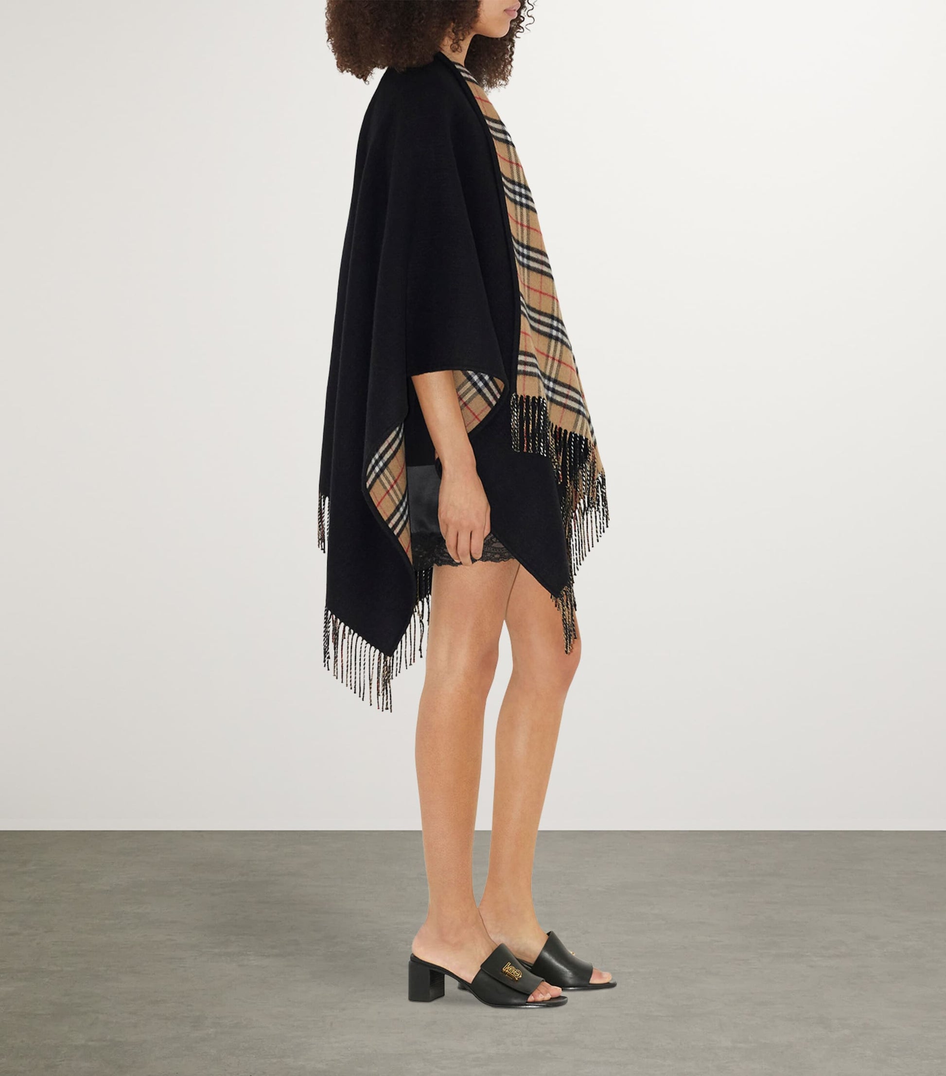 Black Wool Reversible Check Cape