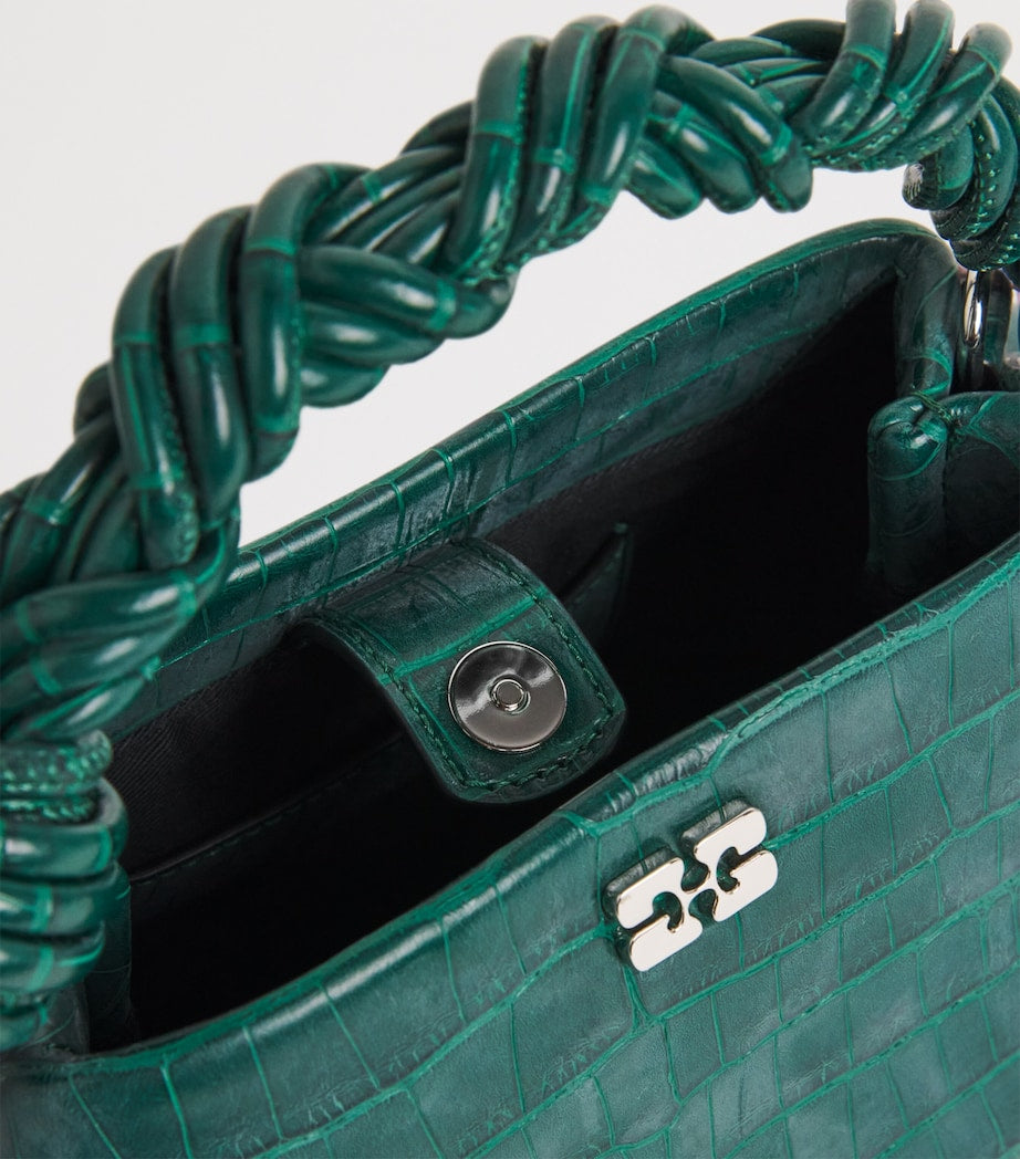 GANNI Green Mini Croc-Embossed Bou Top-Handle Bag