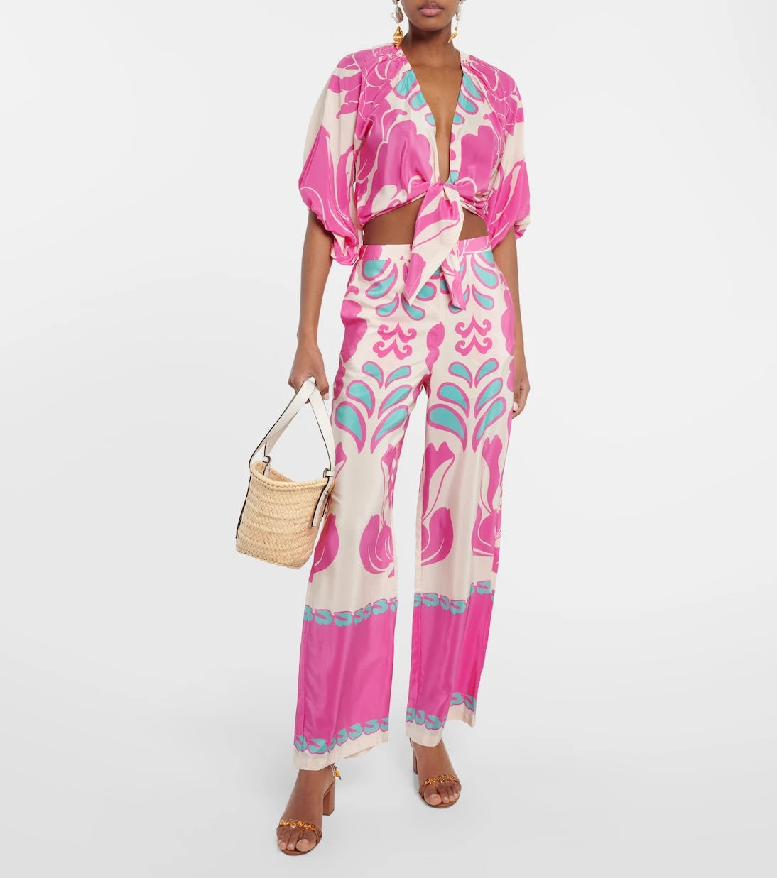 Adriana Degreas - Printed puff-sleeve silk blouse
