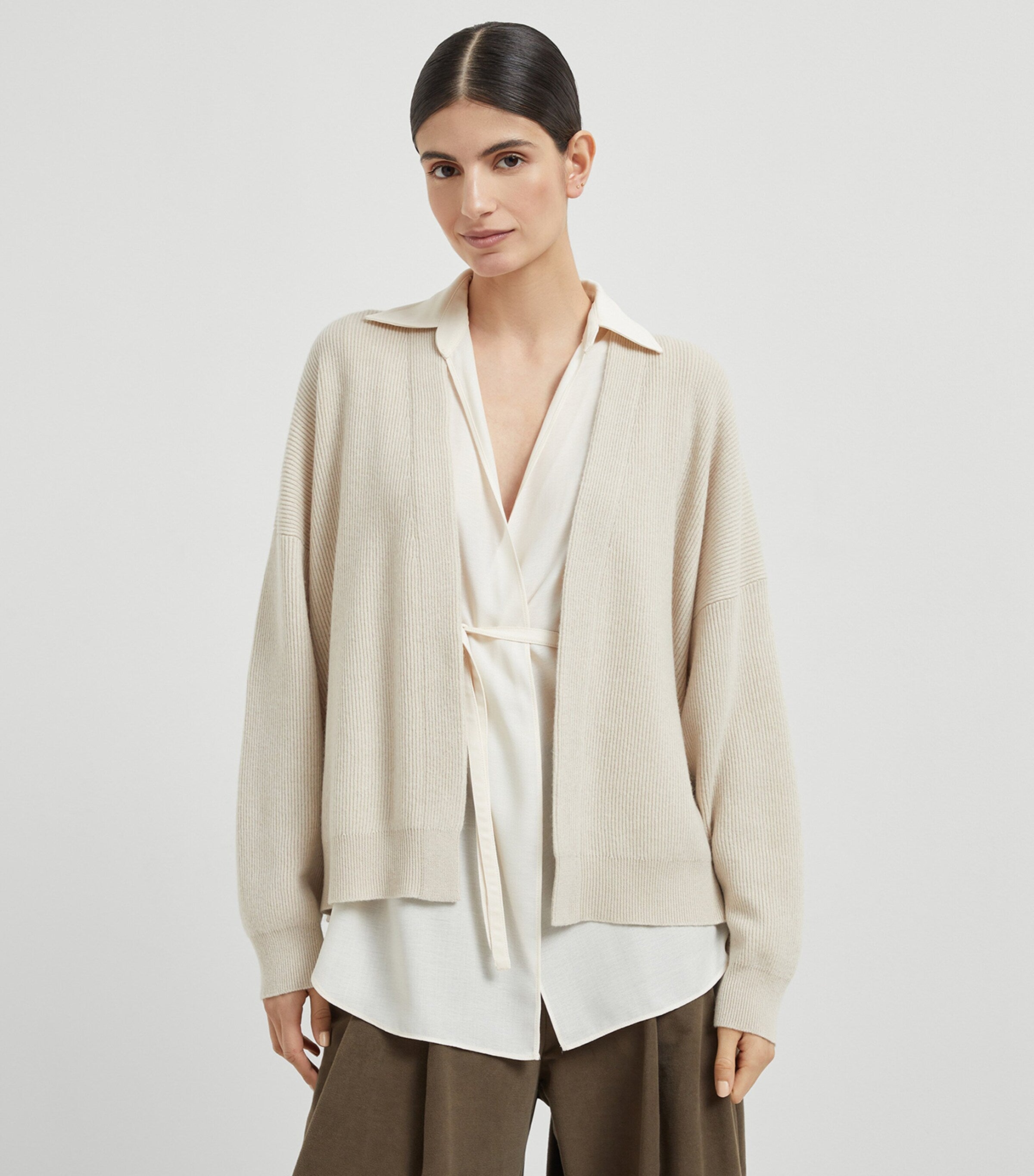 Brunello Cucinelli Beige Cashmere Removable-Blouse Cardigan