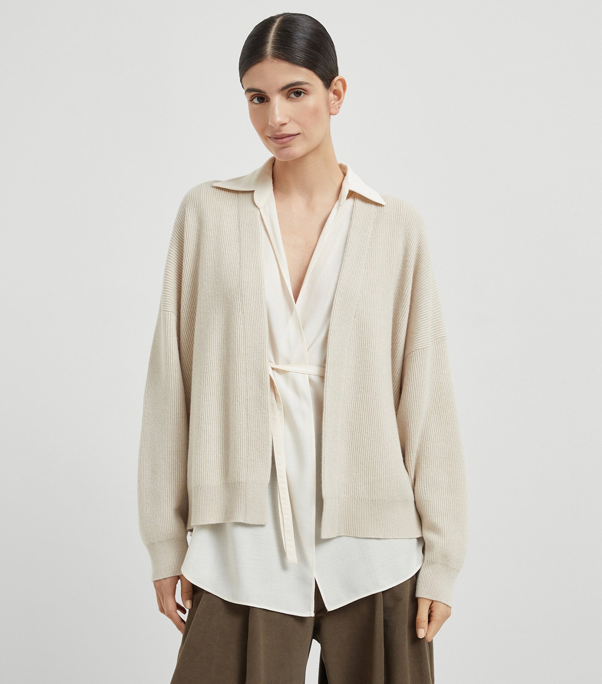 Brunello Cucinelli Beige Cashmere Removable-Blouse Cardigan